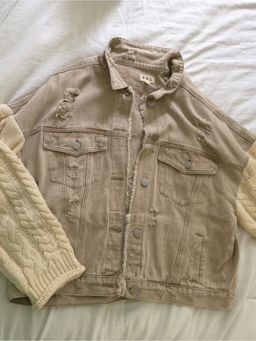 Women’s Denim Jacket with Cream Knit Sleeves